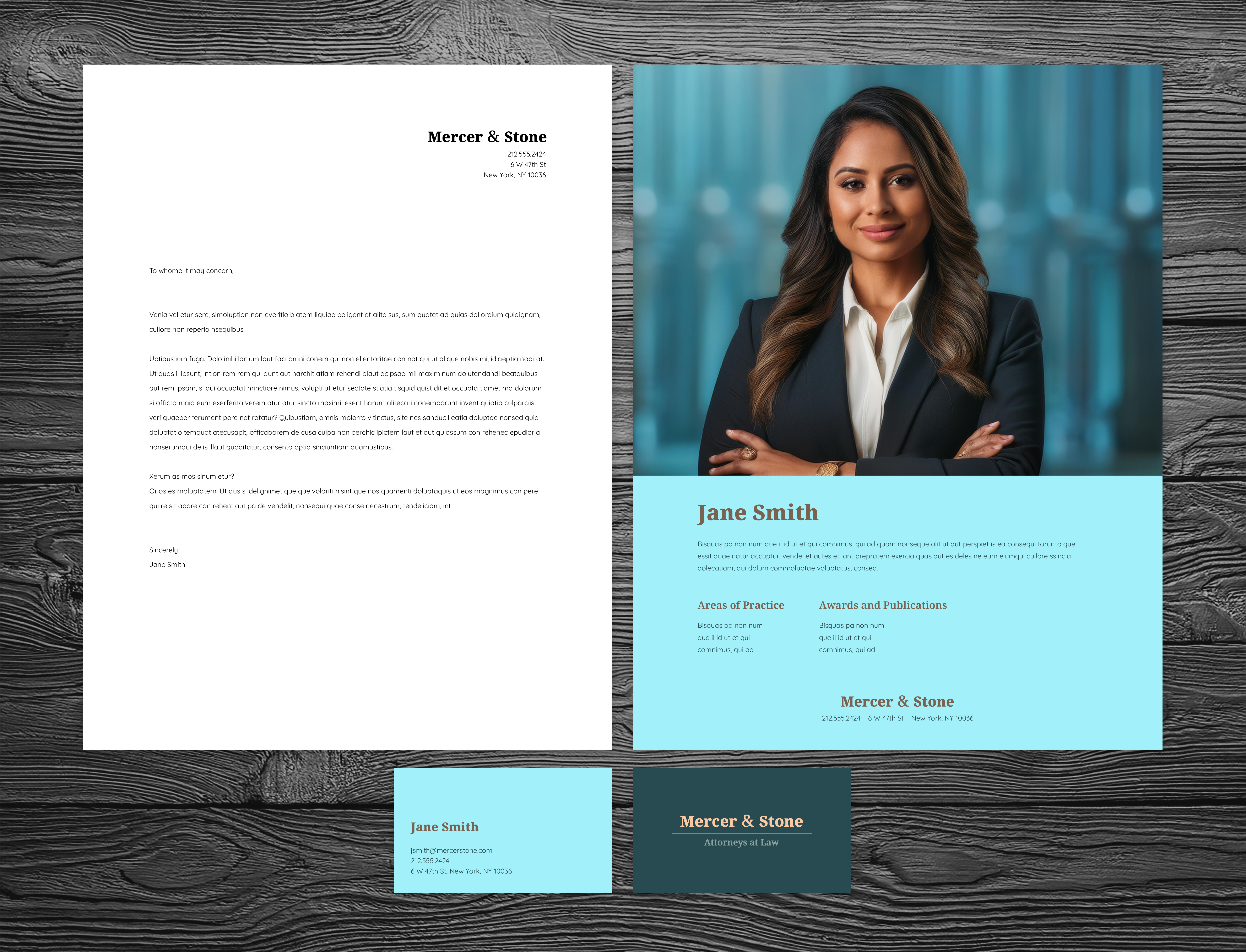 Mercer and Stone Letterhead, Lawyer Profile, and Business card on gray wooden surface